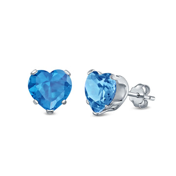 Heart Stud Earrings Simulated Blue Topaz CZ 925 Sterling Silver (4mm-8mm)